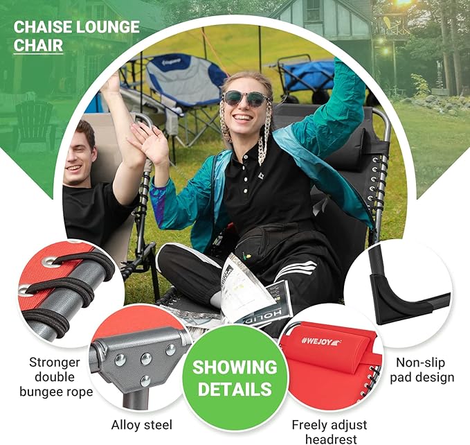 #WEJOY Outdoor Folding Chaise Lounge Chair for Outside, Patio, Beach, Poolside, Sunbathing, Adjustable 5-Position Reclining Chairs, Heavy Duty Camping Cot with Shoulder Strap and Pillow, Red-BloomoryGarden