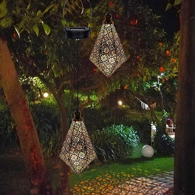 MAGGIFT 2 Pack Solar Hanging Lights, Solar Powered Retro Lantern with Handle, Warm White LED Christmas Garden Lights, Metal Diamond Shape Lamp Waterproof for Outdoor for Yard Tree Fence Patio-BloomoryGarden