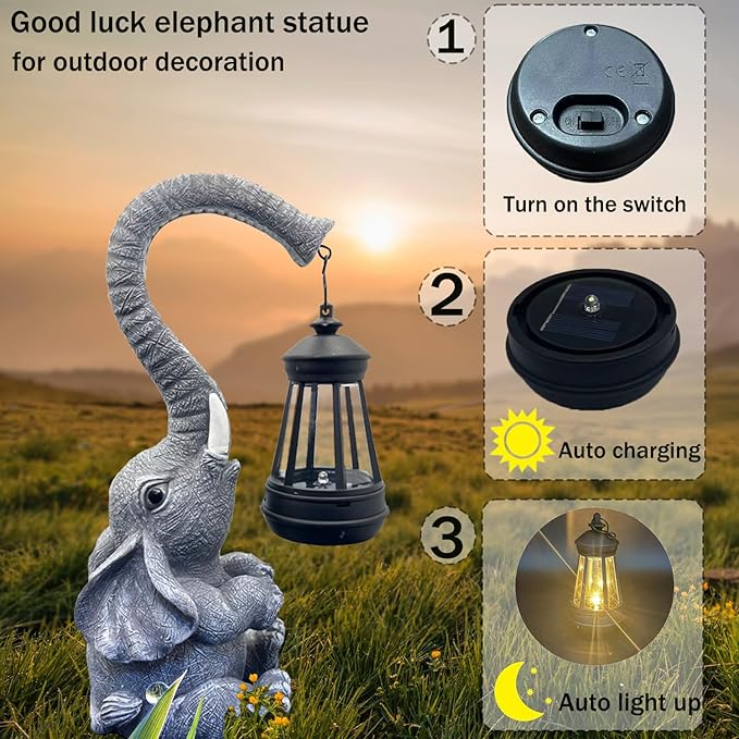 10.6 Inch Statue Elephant with Solar Outdoor Lights for Garden Decor，Lucky Present with Appeal for Birthdays(Man and Women and Family)，Unique Housewarming Presents and Yard Decor. (Gray)-BloomoryGarden