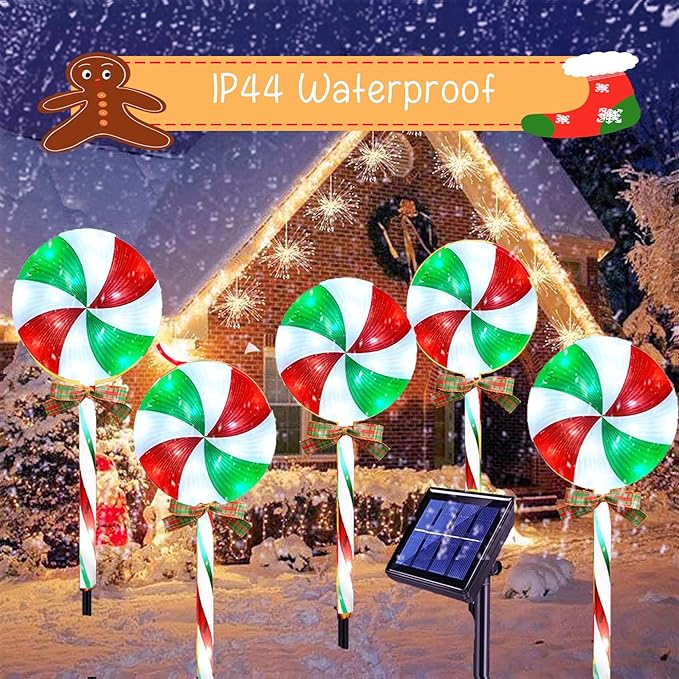 10 Packs Christmas Pathway Lollipop Lights with Bow Tie Solar Powered Outdoor Waterproof Xmas Candy Cane Path Landscape Decorative Stake Lights 2 Solar Panel + 10 Lights-BloomoryGarden