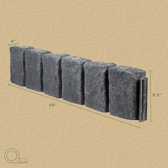Beuta Landscape Edging | Garden Edging Border | Faux Stone Block XL for Lawn Edging, Flower Beds & Yard Edging – 40 Pack | Each Section Has 6 Blocks 48" L x 4" W x 9.5" H | 120 Spikes | Charcoal-BloomoryGarden