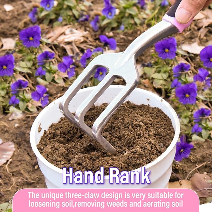 Garden Tool Set SOYUS Heavy Duty 3 Piece Gardening Hand Tools Aluminum Garden Shovel for Planting Hand Trowel Cultivator Rake with Ergonomic Non-Slip Rubber Grip Pink Gardening Gifts for Women-BloomoryGarden