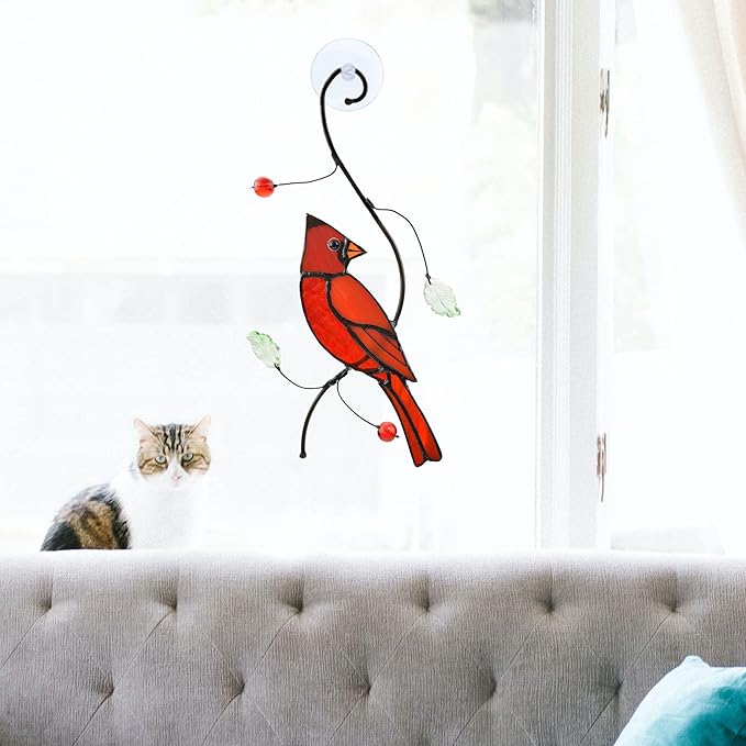 Lolitarcrafts Bigger Cardinal Stained Glass Window Hangings Cute Birds Suncathers for Window Monthers Day Gifts-BloomoryGarden