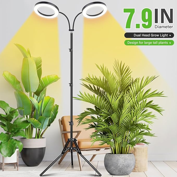 LORDEM Grow Light for Indoor Plants, 7.9" Diameter Dual-Head Plant Light for Plants Growing, Full Spectrum Growth Lamp with Auto Timer 3/6/12H, 4 Dimmable Levels, 3 Lighting Modes, Adjustable Stand-BloomoryGarden