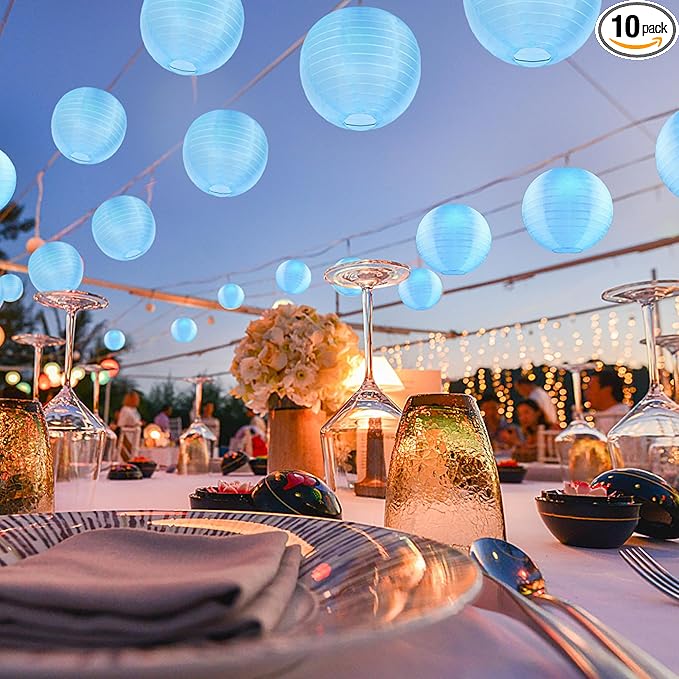 10 Pack Outdoor Silk Lanterns Decorative, 10inch Waterprooof Outside Indoor Chinese Hanging Round Lanterns for Weddings, Birthdays, Parties Decoration(Blue)-BloomoryGarden