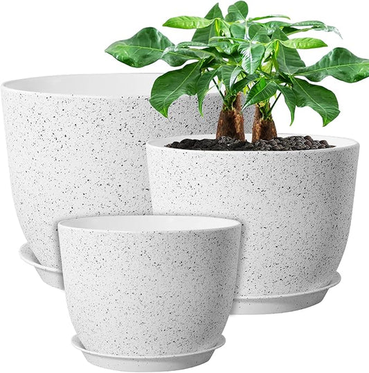 12/10/9 Large Modern Plant Pots, Plastic Planters with Drainage Holes and Saucers for Indoor Outdoor Plants Flowers, White Speckles-BloomoryGarden