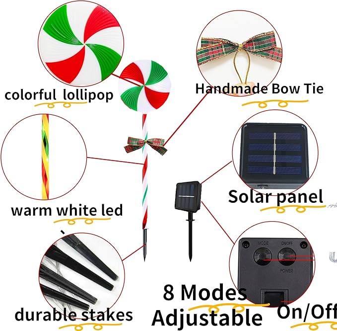 10 Packs Christmas Pathway Lollipop Lights with Bow Tie Solar Powered Outdoor Waterproof Xmas Candy Cane Path Landscape Decorative Stake Lights 2 Solar Panel + 10 Lights-BloomoryGarden