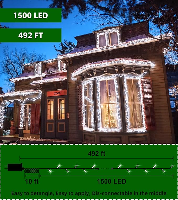 1500 LED Chrstmas String Lights, 492FT Super Long Christmas Lights with 8 Modes, Christmas Tree Lights with Timer Memory for Indoor Outdoor Tree Fence Garden Xmas Wedding Party Decor Cool White-BloomoryGarden