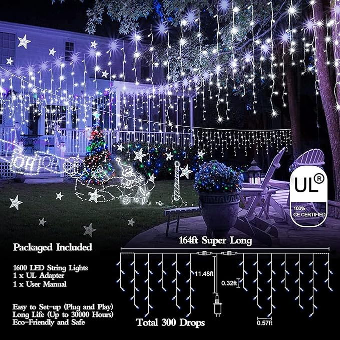 1600 LED 164FT Outdoor Christmas Lights Plug in 8 Modes with Timer Dimmable Christmas Decorations Waterproof Indoor Curtain String Lights for Roof Porch Garden Holiday Wedding Party Decor Cool White-BloomoryGarden