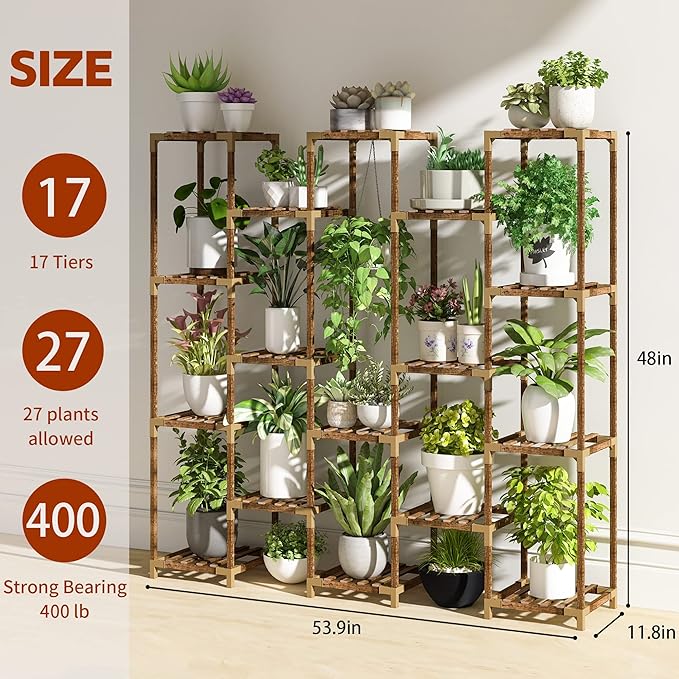 HOMKIRT Plant Stand Indoor Outdoor, 17 Tier Large Tall Plant Shelf for Indoor Plants Multiple, Wood Plant Stand Rack Holder Table for Living Room Garden Patio Window