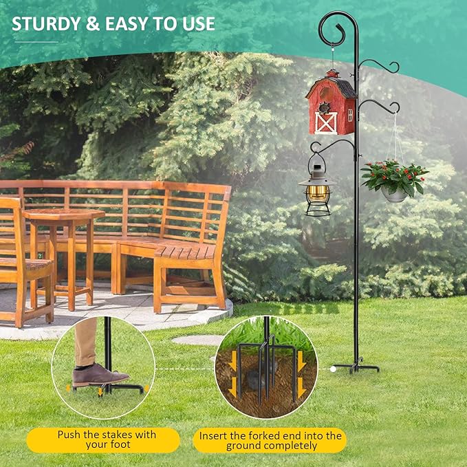 108 Inch Shepherds Hooks for Outdoor 2 Pack, Bird Feeder Poles with 4 Hooks, Shepherds Hook for Bird Feeders Outside with Base, Garden Pole for Hanging Plant Baskets, Weddings Decor (108 Inch)-BloomoryGarden