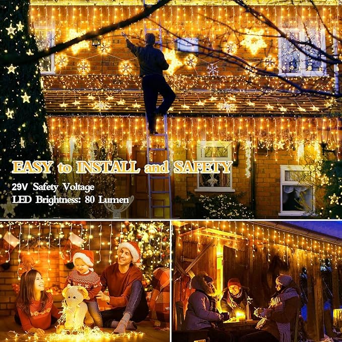 1600 LED 164FT Outdoor Christmas Lights Plug in 8 Modes with Timer Dimmable Christmas Decorations Waterproof Indoor Curtain String Lights for Roof Porch Garden Holiday Wedding Party Decor Warm White-BloomoryGarden