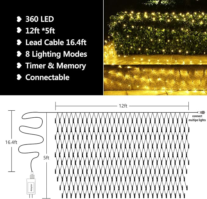 Lyhope 12ft x 5ft 360 LED Christmas Net Lights, 8 Modes Low Voltage Green Wire Mesh Christmas Decorations Lights for Xmas Trees, Bushes, Wedding, Garden, Outdoor, Indoor Decor (Warm White)-BloomoryGarden