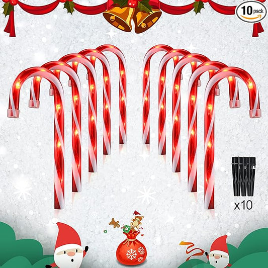 10" Christmas Candy Cane Lights - Set of 10 Pathway Markers Christmas Outdoor Yard Decorations, Xmas Candy Cane Stake Lights for Lawn, Walkway, Garden, Xmas Party Indoor Ornaments-BloomoryGarden