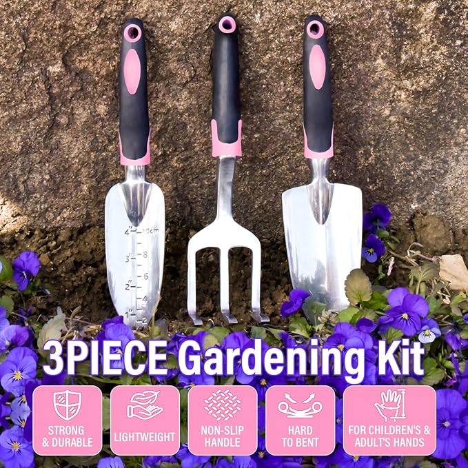 Garden Tool Set SOYUS Heavy Duty 3 Piece Gardening Hand Tools Aluminum Garden Shovel for Planting Hand Trowel Cultivator Rake with Ergonomic Non-Slip Rubber Grip Pink Gardening Gifts for Women-BloomoryGarden