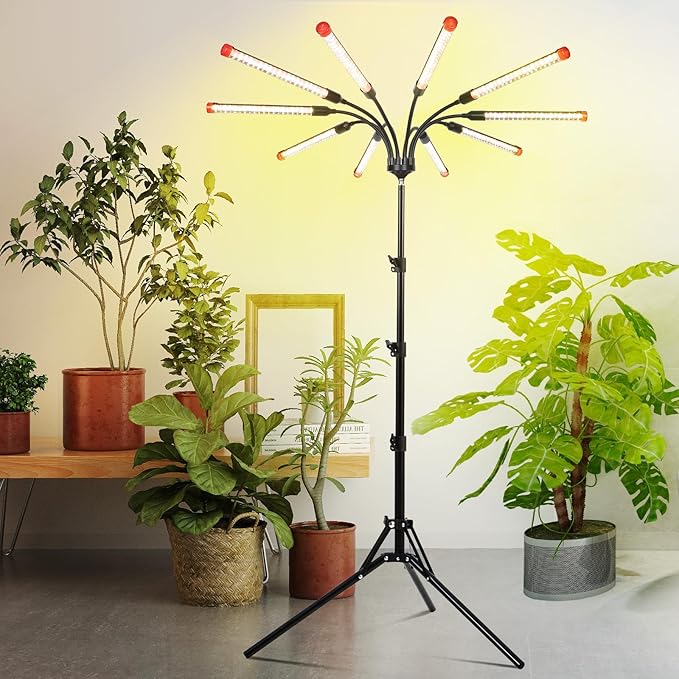 10-Head Grow Lights for Indoor Plants with Stand 90W, LED Plant Grow Light for Tall Houseplants, Bonsai Tree, Full Spectrum Growing Lamp with 4,8,12 Hr Timer, 24"-64" Adjustable Height-BloomoryGarden