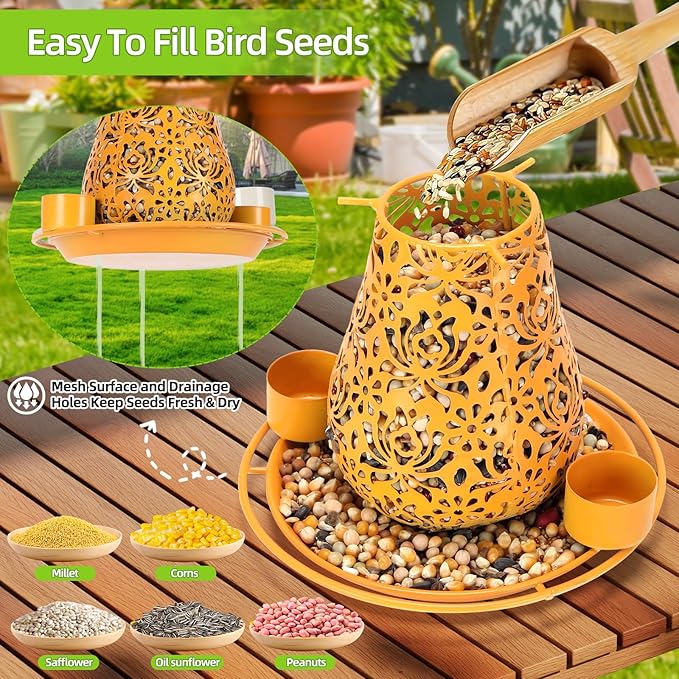 Mushroom Solar Bird Feeders for Outdoors Hanging Metal Wild Bird Feeder Garden Lantern with S Hook for Garden Decoration Orange-BloomoryGarden