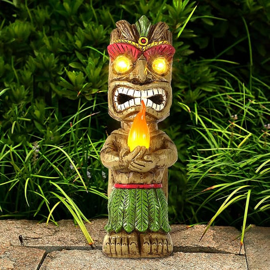 13" Tall Solar Torch Tiki Garden Statue, Resin Large Tiki Decor Figurine with Solar Lights, Hawaiian Tiki Man, Outdoor Patio Yard Lawn Bar Party Beach Pool Pond Decoration, Valentine's Day Gift-BloomoryGarden