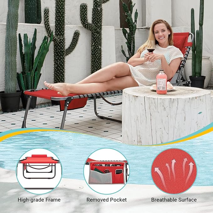 #WEJOY Outdoor Folding Chaise Lounge Chair for Outside, Patio, Beach, Poolside, Sunbathing, Adjustable 5-Position Reclining Chairs, Heavy Duty Camping Cot with Shoulder Strap and Pillow, Red-BloomoryGarden