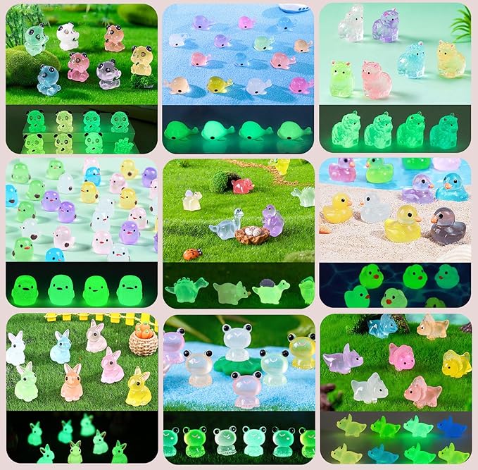 Luminous Mini Resin Animals 250Pcs Tiny Animals Bulk Glow in The Dark Mini Ducks Owls Frogs Pandas Rabbits Mushrooms for Miniature Garden Micro Landscape Aquarium Potted Decoration-BloomoryGarden