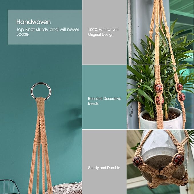 Macrame Plant Hanger for 5 to 10 Inch Plant Pots, Set of 2 Indoor Handmade 35 Inch Woven Rope Hanger Kits with Hooks and Wood Beads, Hanging Planter Basket Holder for Boho Home Decor (Brown, 2 Pack)-BloomoryGarden