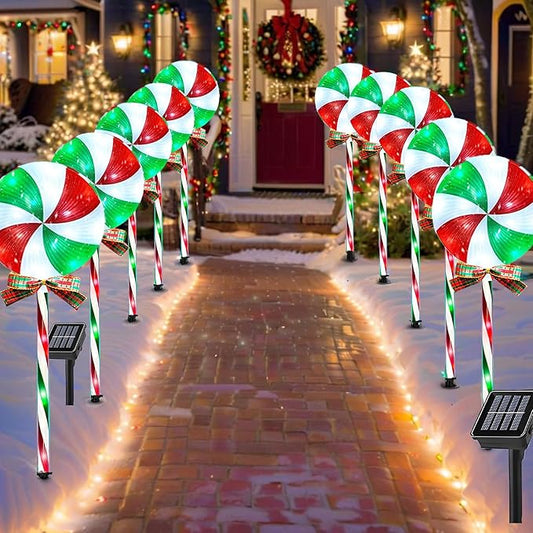 10 Packs Christmas Pathway Lollipop Lights with Bow Tie Solar Powered Outdoor Waterproof Xmas Candy Cane Path Landscape Decorative Stake Lights 2 Solar Panel + 10 Lights-BloomoryGarden