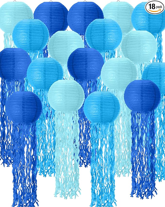 18 Pcs Jellyfish Paper Lanterns Mermaid Birthday Decorations Hanging Lantern Lamps for Ocean Theme Decor Under The Sea Party Supplies (Blue)-BloomoryGarden