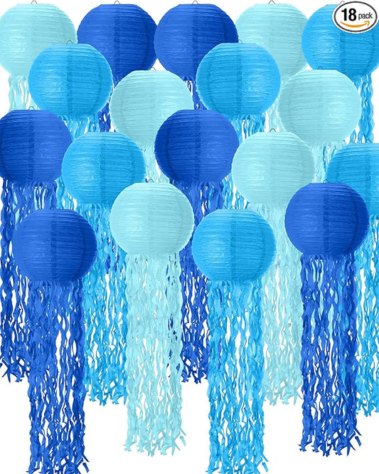 18 Pcs Jellyfish Paper Lanterns Mermaid Birthday Decorations Hanging Lantern Lamps for Ocean Theme Decor Under The Sea Party Supplies (Blue)-BloomoryGarden