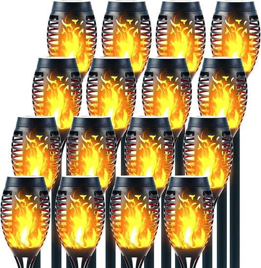 12LED Mini Solar Tiki Torches with Flickering Flame - Waterproof Outdoor Torch Lights with Auto On/Off, Super Bright Landscape Lighting for Yard, Garden, Patio & Pathway Decor (Set of 16)-BloomoryGarden