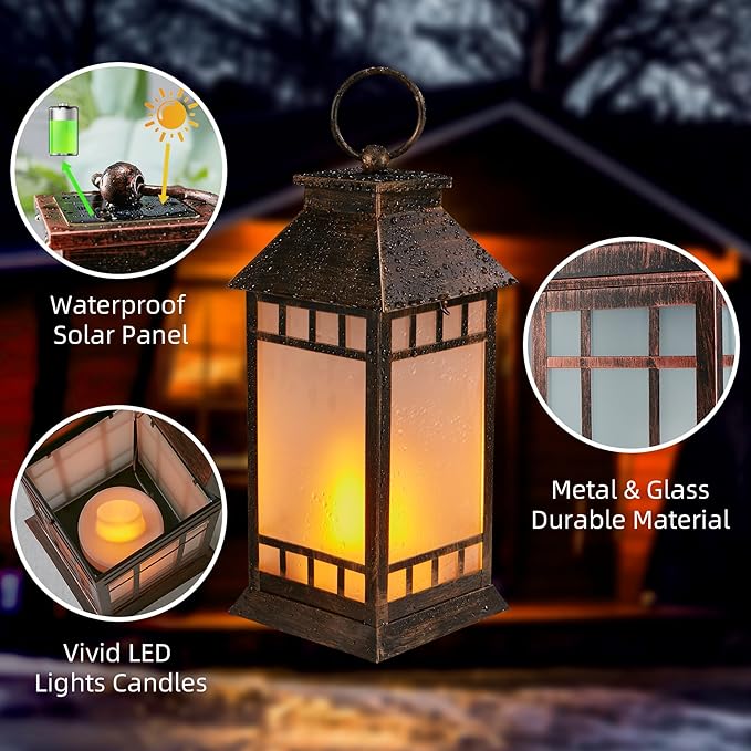 18'' Glass Solar Lantern Outdoor Waterproof, Large Hanging Solar Lanterns with Flickering Flame Lights, Metal Outdoor Lantern Decorative for Patio Garden Backyard Tabletop, Vintage Bronze-BloomoryGarden