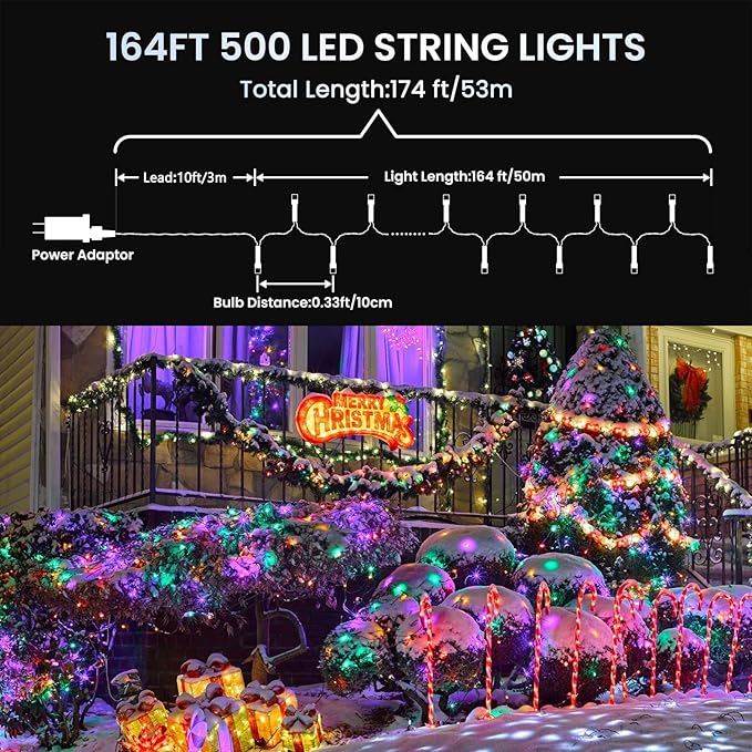 175Ft Christmas Lights Outdoor, 500 LED Christmas String Lights with 8 Modes, Timer, Waterproof Fairy Twinkle Lights for Christmas Party, Garden, Wedding, Holiday, Xmas Tree Decorations (Multicolor)-BloomoryGarden