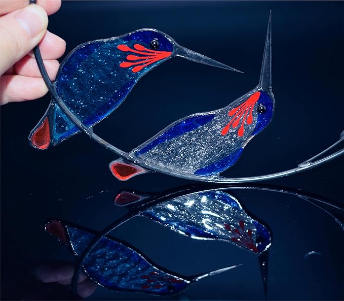 Lolitarcrafts Hummingbird with Flower Stained Glass Suncatcher Bird Stained Glass Window Hangings Hummingbird Gift for Home Decor (Blue 1 Pair)-BloomoryGarden