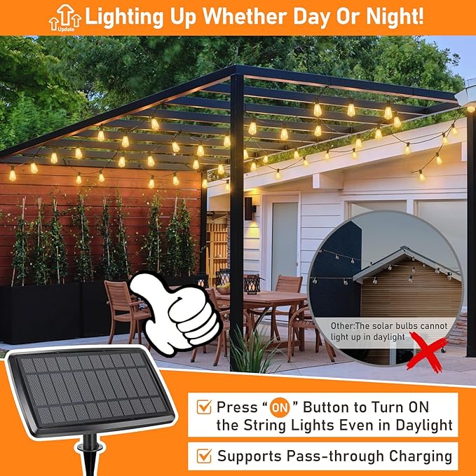 150FT Solar String Lights for Outside, Solar Powered Patio Lights with 52 Shatterproof ST38 Edison Bulbs & Remote Control,Dimmable LED Solar String Lights for Outside Waterproof-BloomoryGarden