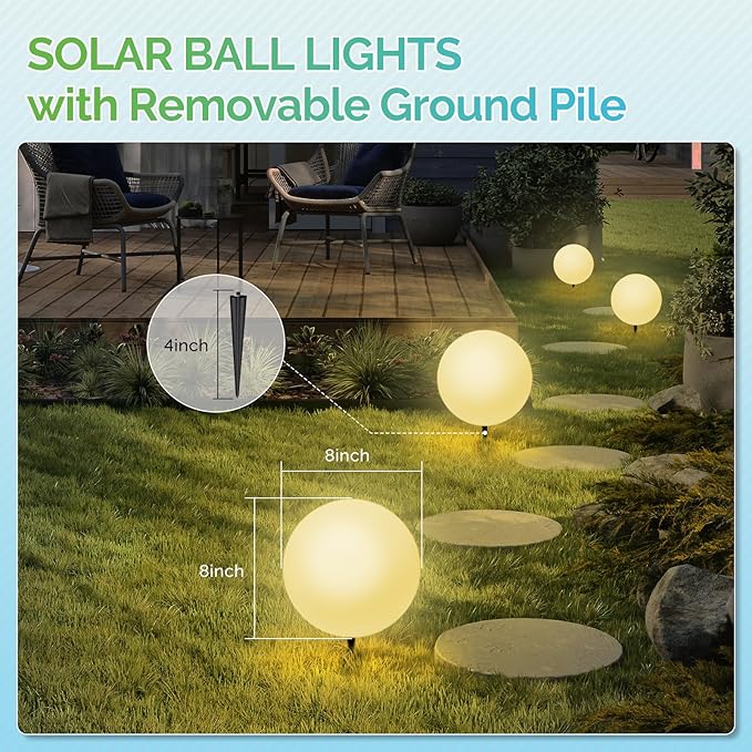 LOFTEK Solar Ball Lights with Ground Stake, RGBW Colors Changing Mood IP65 Waterproof Rechargeable Night Lights - Outdoor Solar Lights for Lawn Patio Yard Walkway, 8-inch-BloomoryGarden