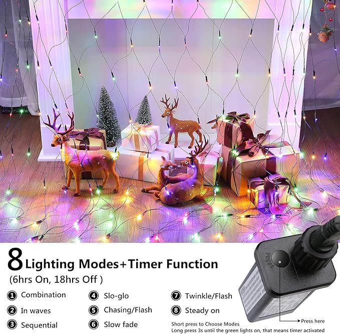 LYHOPE 12ft x 5ft 360 LED Christmas Net Lights, 8 Modes Low Voltage Green Wire Mesh Christmas Decorations Lights for Xmas Trees, Bushes, Wedding, Garden, Outdoor, Indoor Decor (Multicolor)-BloomoryGarden