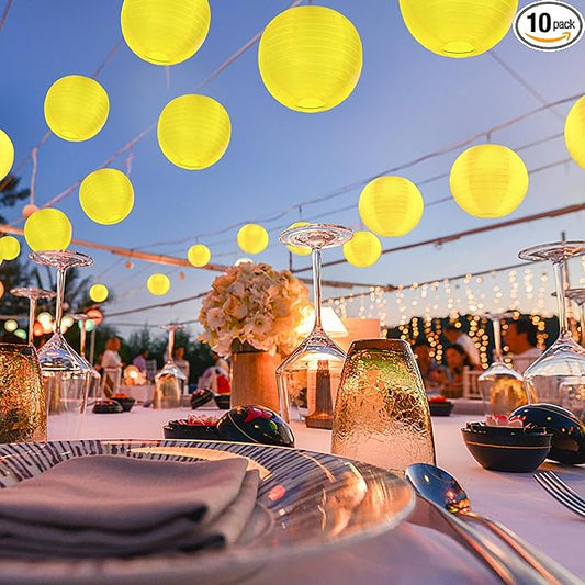 10 Pack Outdoor Silk Lanterns Decorative, 10inch Waterprooof Outside Indoor Chinese Hanging Round Lanterns for Weddings, Birthdays, Parties Decoration(Yellow)-BloomoryGarden