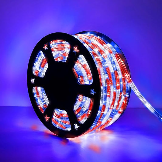 100ft LED Rope Lights Outdoor, 720 LED Connectable & Flexible Tube Lights with 8 Modes, Waterproof LED Rope Lighting for Independence Flag Day, Memorial Day, Outdoor,Indoor Decor (Red & White & Blue)-BloomoryGarden