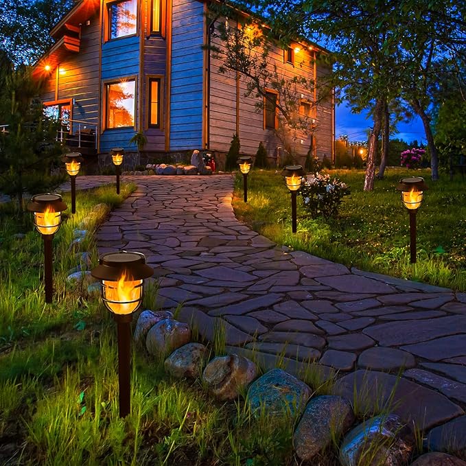 10 Pack Solar Pathway Lights Outdoor - Bright Solar Powered Garden Lights with Flickering Flame, Auto On/Off Waterproof Path Lights Decorative, Landscape Lighting for Yard Patio Walkway Driveway-BloomoryGarden