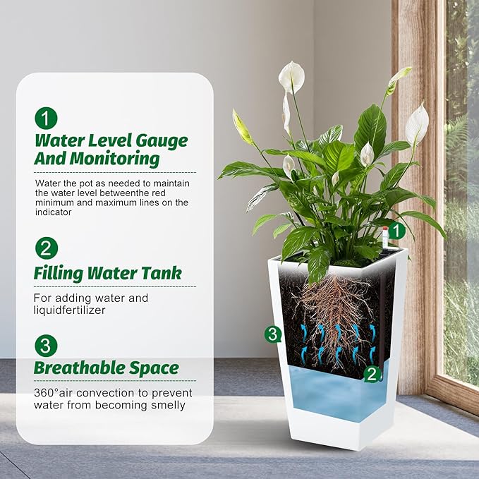 16" Tall Planters Set of 2, Outdoor＆Indoor Black Planter Pots, High Front Porch Planter Pots with Drainage Holes＆Water Level Monitor＆Inner Bucket, Automatic Watering,White-BloomoryGarden