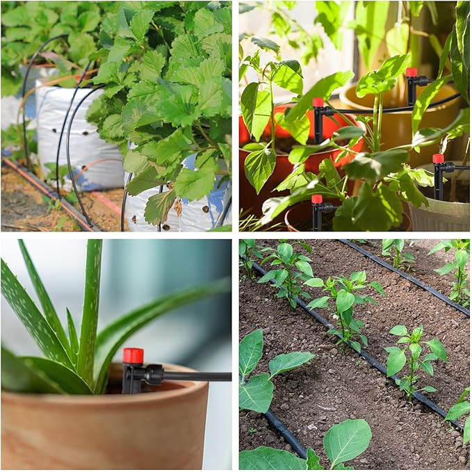 100 Pcs Drip Irrigation Emitters for 1/4'' Irrigation Tubing Adjustable Water Flow Drip Emitters with Stake Drip Irrigation System Irrigation Drippers with 360 Degree Sprayer for Garden Patio-BloomoryGarden