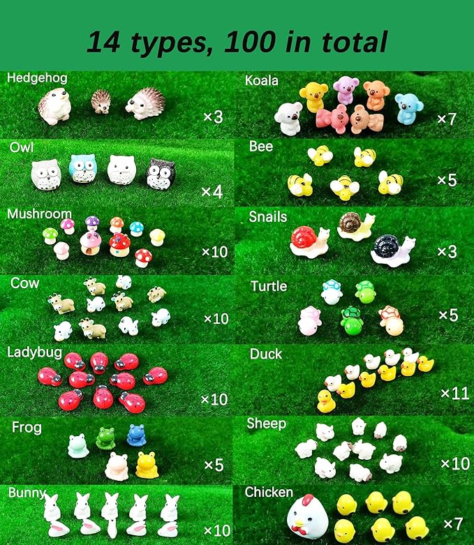 100 Pcs Mini Resin Animals Figures, Mixed Tiny Plastic Animals Figurines to Hide Miniature Fairy Garden Decorations Accessories-BloomoryGarden