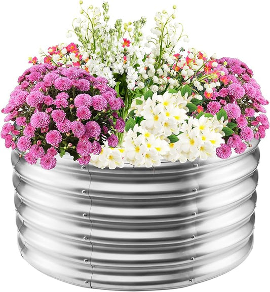 17" Tall Elevated Round Metal Rised Garden Bed- 2.7'x2.7' in Size and 0.8MM Thick Durable Planter Box for Vegetables Flowers Succulent at Patio/Garden Outdoor (Silver, 2.7FT Diameter)-BloomoryGarden