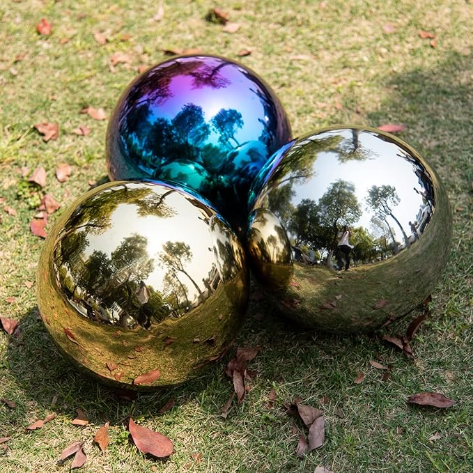 10 Inch Stainless Steel Gazing Globe,v2croft Hollow Ball Mirrored Surface Polished Shiny Sphere,Garden Stainless Steel Gazing Ball for Outdoor Lawn Pond Yard Ornament(rainbow)-BloomoryGarden
