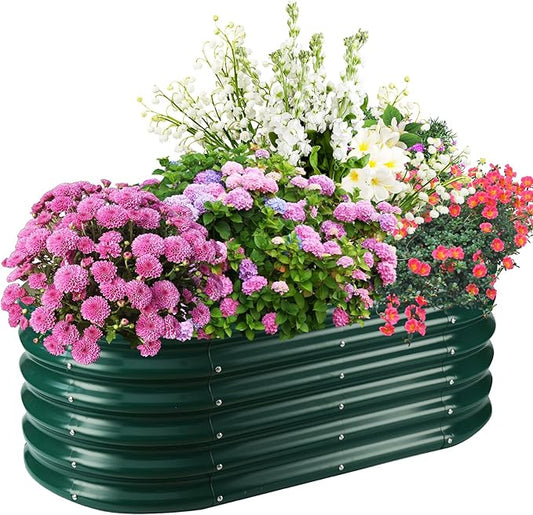 17" Tall Elevated Oval Metal Raised Garden Bed - 4ft x 2ft in Size and 0.8MM Thick Durable Planter Bed/Box for Vegetables Flowers Succulent at Patio/Garden Outdoor (Dark Green, 4X2X1.4 FT)-BloomoryGarden