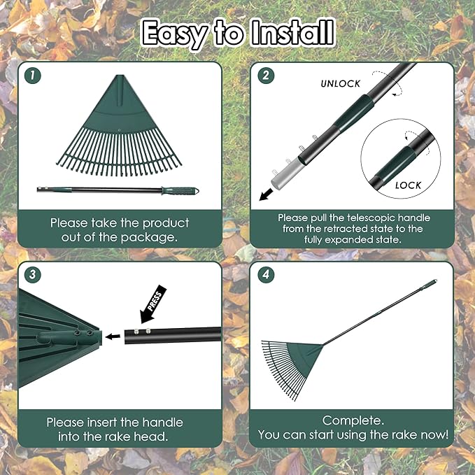 ORIENTOOLS Garden Leaf Rake, Garden Rakes for Lawns Leaves with 47-65" Adjustable Black Handle Rake, 26 Strong Tines Plastic Head Shrub Rake, Yard Garden Rake for Lawns, Flower Beds Leaves Cleaning-BloomoryGarden