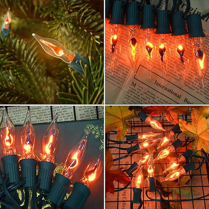 12.8Ft C7 Christmas Lights Flickering Flame String Lights with 12 Pack Clear Flame E12 Light Bulbs(2 Spare), Great for Christmas Decorations Indoor Outdoor Home Patio Party Lights, Green Wire-BloomoryGarden