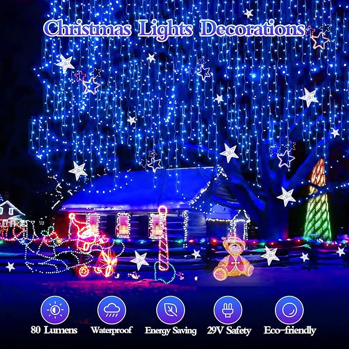 1600 LED 164FT Outdoor Christmas Lights Plug in 8 Modes with Timer Dimmable Christmas Decorations Waterproof Indoor Curtain String Lights for Roof Porch Garden Holiday Wedding Party Decor Blue-BloomoryGarden