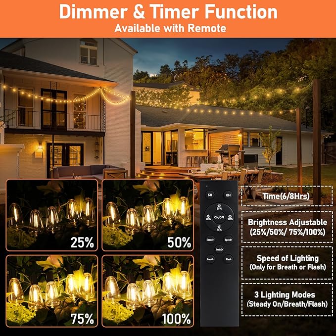 100FT Outdoor Solar String Lights with Remote, USB Rechargeable LED Patio Lights with 52 Timer Dimmable ST38 Edison Bulbs, Enhanced 5W Solar Panel Outside Hanging Lights for Porch Garden Deck Backyard-BloomoryGarden