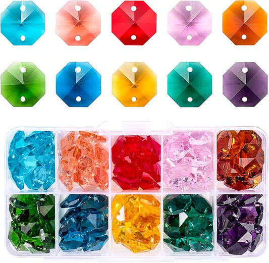 100 Pcs Glass Octagon Crystal Beads 14mm Colorful Crystal Chandelier Parts Replacement Beads DIY Lamp Hanging Pendant Suncatcher Beads-BloomoryGarden