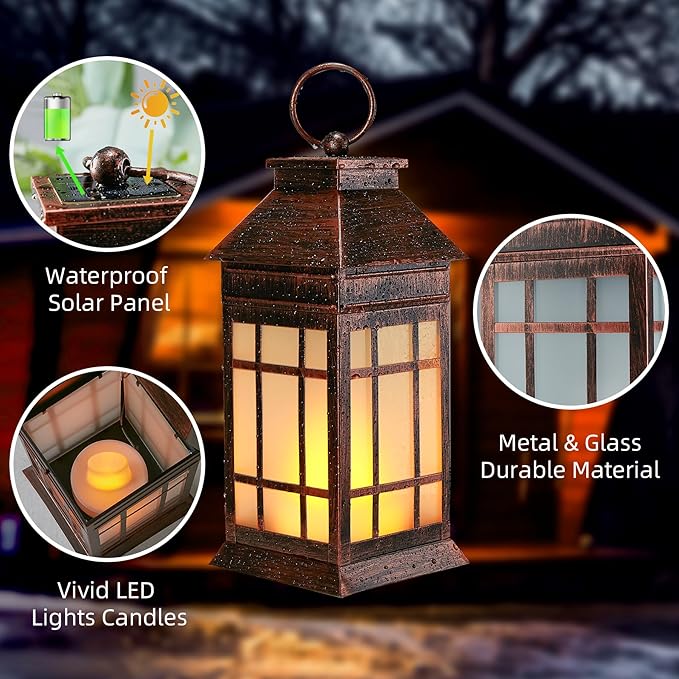 18" Glass Solar Lanterns Outdoor Waterproof, Large Solar Flickering Flame Lantern, Outdoor Lantern Decorative Metal Solar Garden Light for Patio Garden Backyard Outside Tabletop Decor(Vintage Copper)-BloomoryGarden